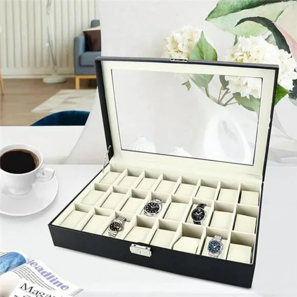 Watch Box 24 Slot PU Leather Display Case with Lock Acrylic Top Organizer